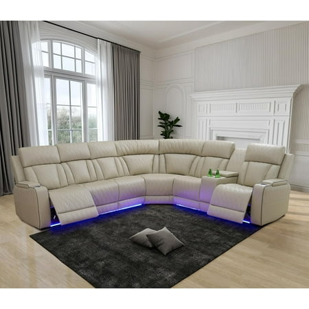 AYCP Power Recliner Sofa Sectional Couches with LED Light for Living Room,Leather Reclining Corner Sectional Sofa with 2 Recliner Seats,Cup Holder,Storage Console for Home Theater Seating, Paddy