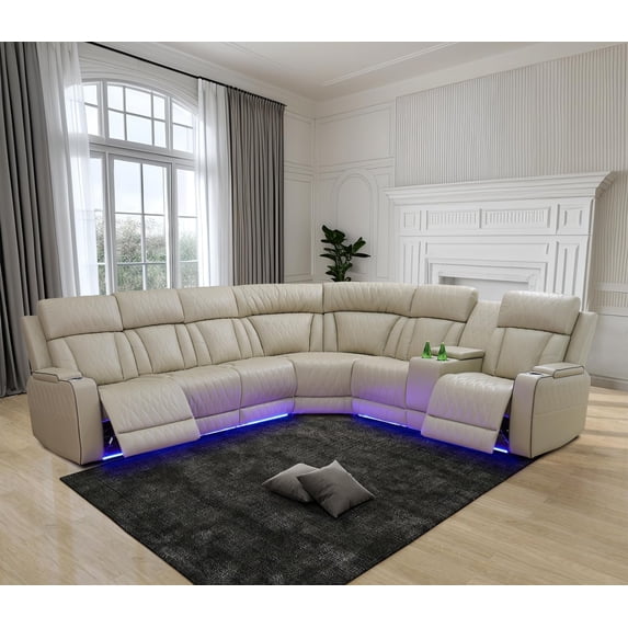 AYCP Power Recliner Sofa Sectional Couches with LED Light for Living Room,Leather Reclining Corner Sectional Sofa with 2 Recliner Seats,Cup Holder,Storage Console for Home Theater Seating, Paddy
