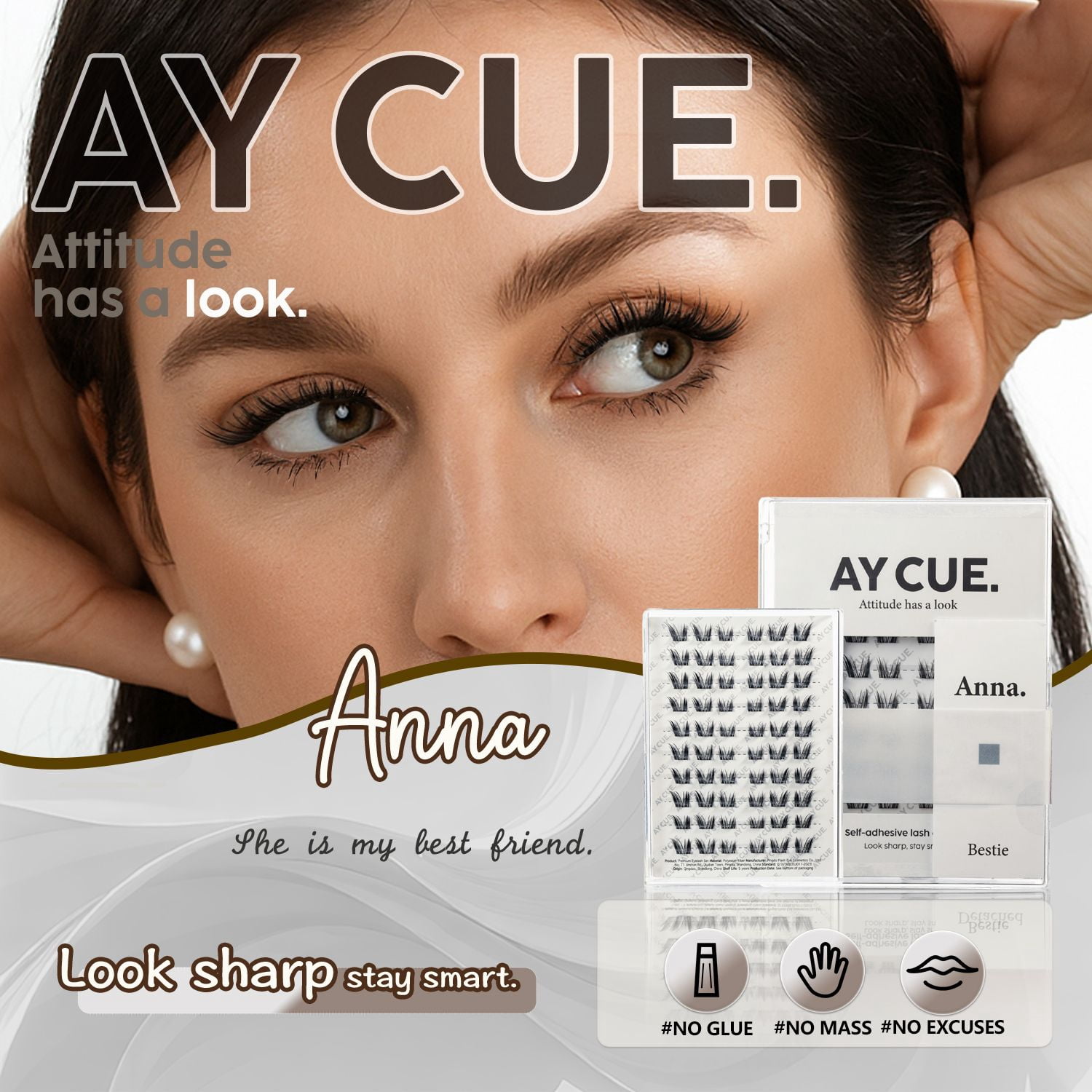 AYCUE #ANNA# Self-adhesive Lash Clusters C Curl 10-14mm 60 Clusters Glue-free Eyelashes Extensions for Natural Look Easy Application Lightweight & Reusable Cosmetic