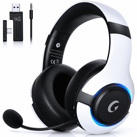 AYEDLOE 2.4GHz Wireless Gaming Headset for PS5, PS4, PC, Switch , Bluetooth 5.3 Gaming Headphones, Noise Canceling Mic, 45H, RGB, Black-White