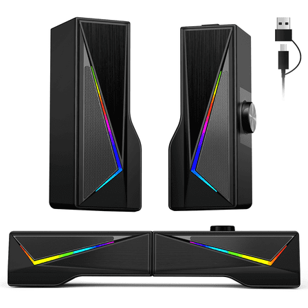 AYEDLOE Computer Speakers with 2.0 Channel Stereo, Gaming Speakers with 6 Colorful LED Modes, USB C/USB Speakers for PC, Desktop, Laptop, Cellphone, Monitor, Black, New