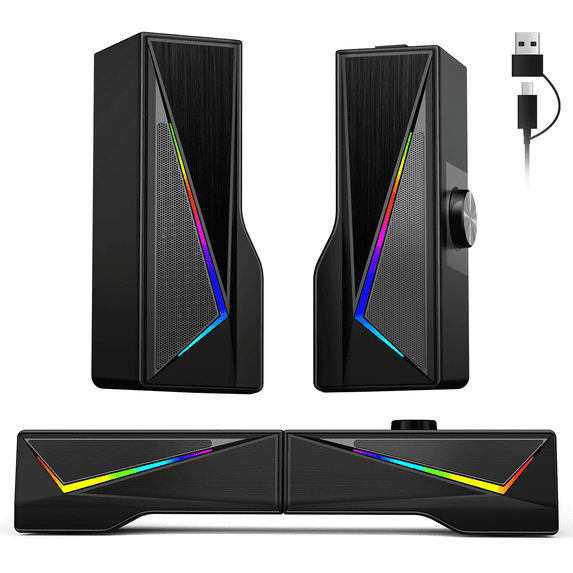 AYEDLOE Computer Speakers with 2.0 Channel Stereo, Gaming Speakers with 6 Colorful LED Modes, USB C/USB Speakers for PC, Desktop, Laptop, Cellphone, Monitor, Black, New