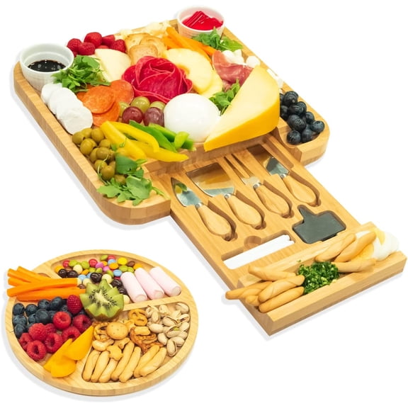 AYEEKO Bamboo Cheese Board & Knife Set, Wooden Charcuterie Board & Tray, House Warming Gift for Holidays, Birthdays, Bridal Showers, Anniversaries & Weddings