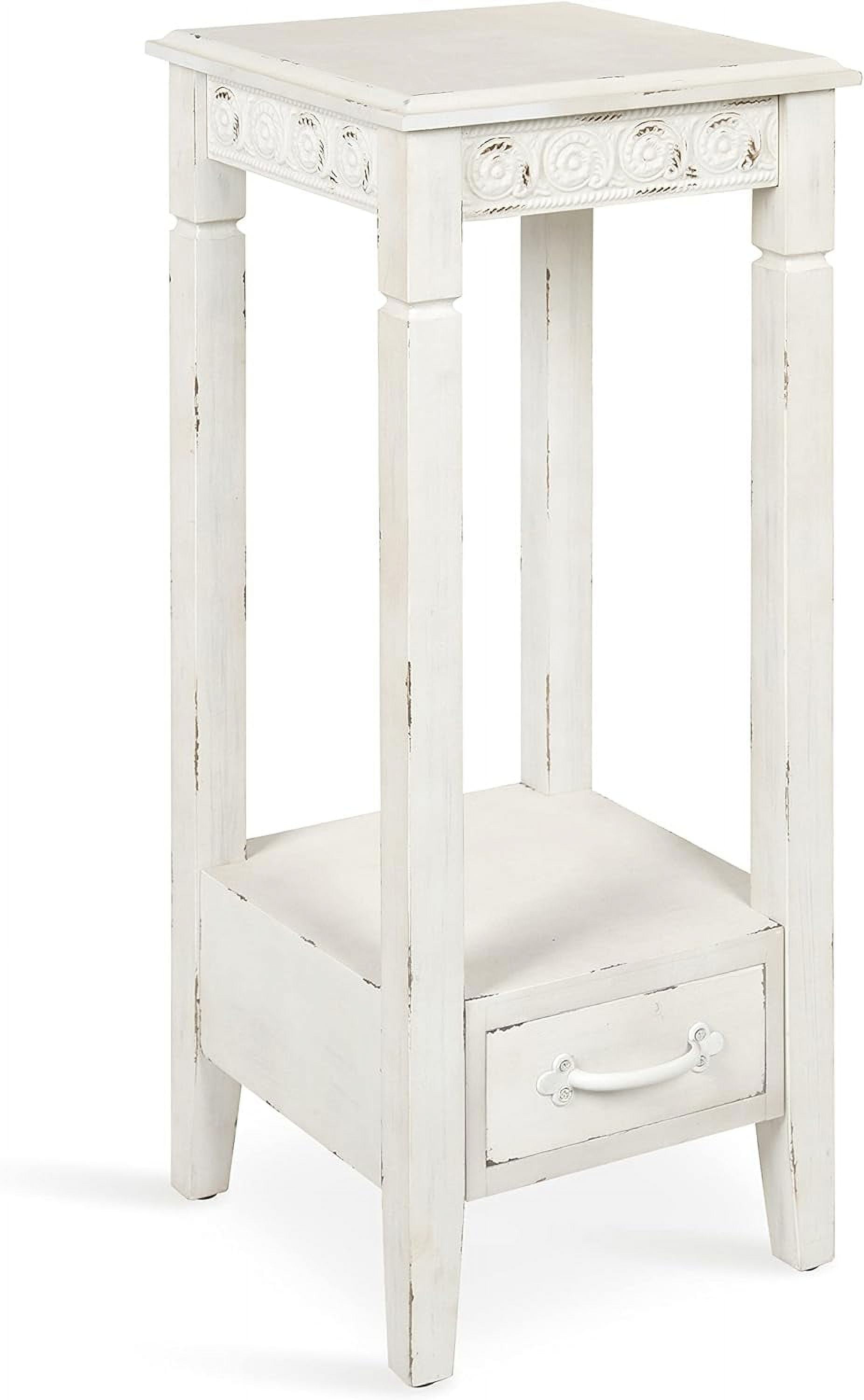 Soft White Farmhouse Wood Accent Table with Metal Skirt