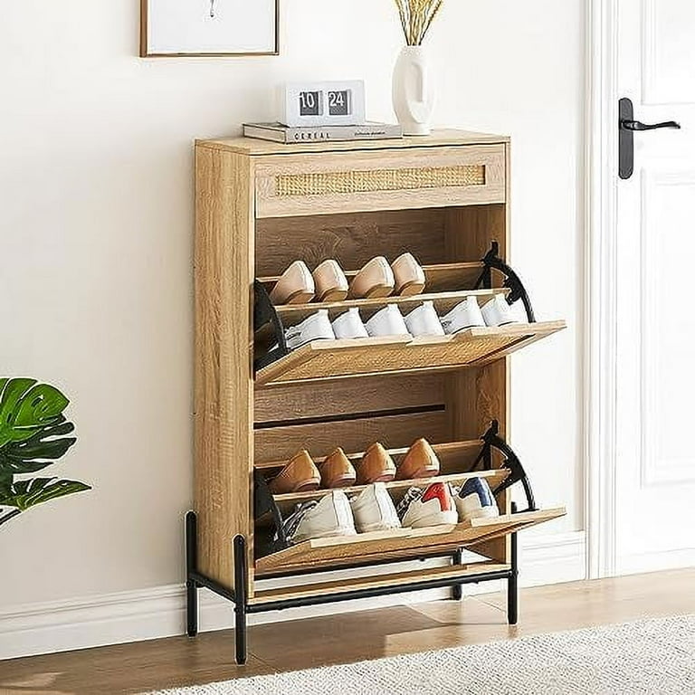 AYFDEGT Rattan Shoe Cabinet with 2 Flip Door 1 Drawer Wooden Free Standing Shoe Racks Shoe Organizer Shoe Rack for Entryway Hallway Living Room White Walmart