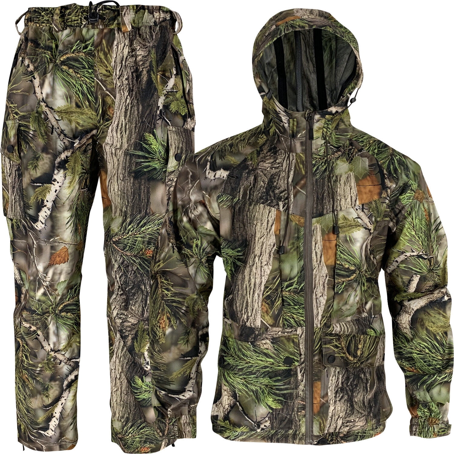 AYIN Hunting Camo Rain Suit, Breathable Waterproof Camouflage Rain Hooded Jacket and Pants with Wateproof Zippers (Size X Large)