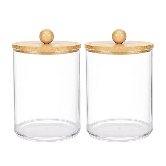 Summercome 2 Pack Qtip Holder Dispenser with Bamboo Lids - 10 oz Clear Plastic Apothecary Jar Containers for Vanity Makeup Organizer Storage - Bathroom Accessories Set for Cotton Swab, Ball, Pads, Flo