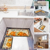Summercome 2 Psc Fall Kitchen Mats for Floor, Thanksgiving Hello Pumpkin Non Slip Kitchen Rugs, Buffalo Grid Checkered Absorbent Kitchen Mats Washable, Fall Decor Idea Gift, Set of 2