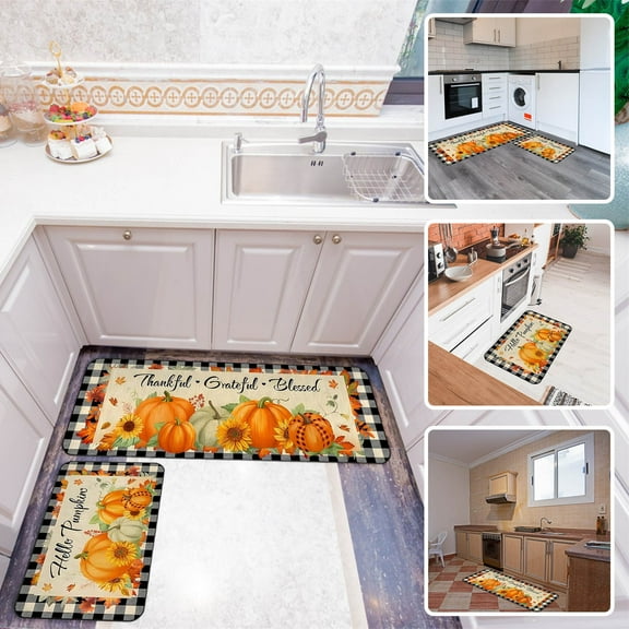 Summercome 2 Psc Fall Kitchen Mats for Floor, Thanksgiving Hello Pumpkin Non Slip Kitchen Rugs, Buffalo Grid Checkered Absorbent Kitchen Mats Washable, Fall Decor Idea Gift, Set of 2