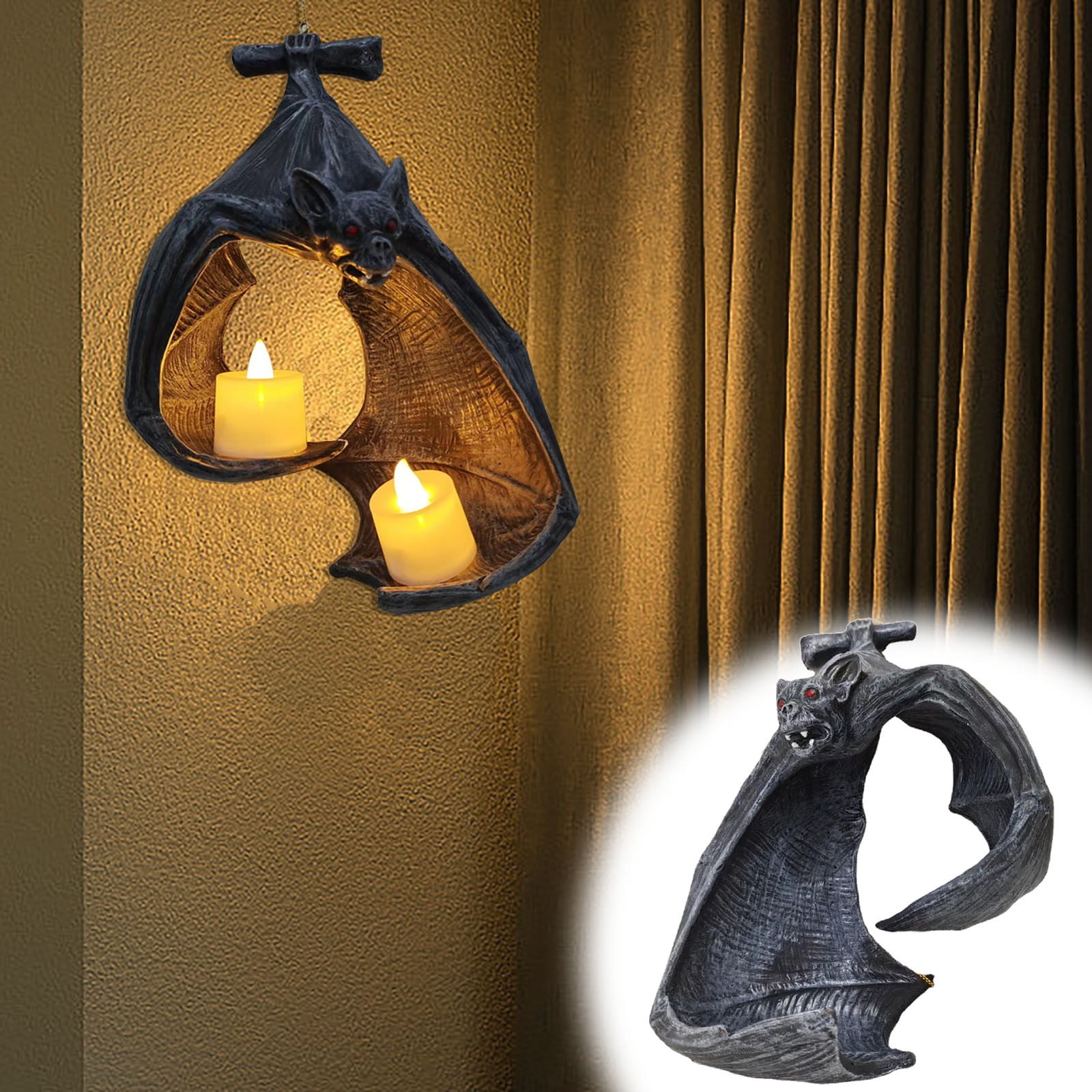 Summercome Bat Wall Tealight Holder, Halloween Bat Candle Decorations Gothic Bat Wall Candle Holder Only, Halloween Candlestick Hanging Decoration