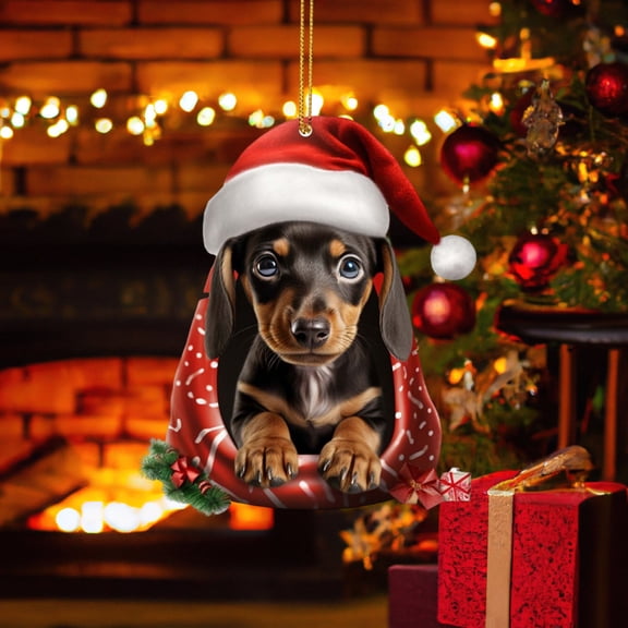 Summercome Christmas Dachshund Dog Pendants Non-3D Acrylic Cute Sausage Dog with Hats Christmas Tree Decoration Car Interior Hanging Ornament Crafts Dog Lover Gift, C