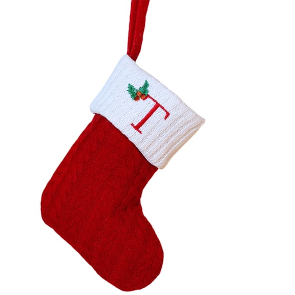 Summercome Christmas Stockings with Initials, 7.9 Inches Small Embroidered Letter Knit Red White Christmas Stocking for Family Holiday Decorations and Xmas Tree Fireplace, Letter T
