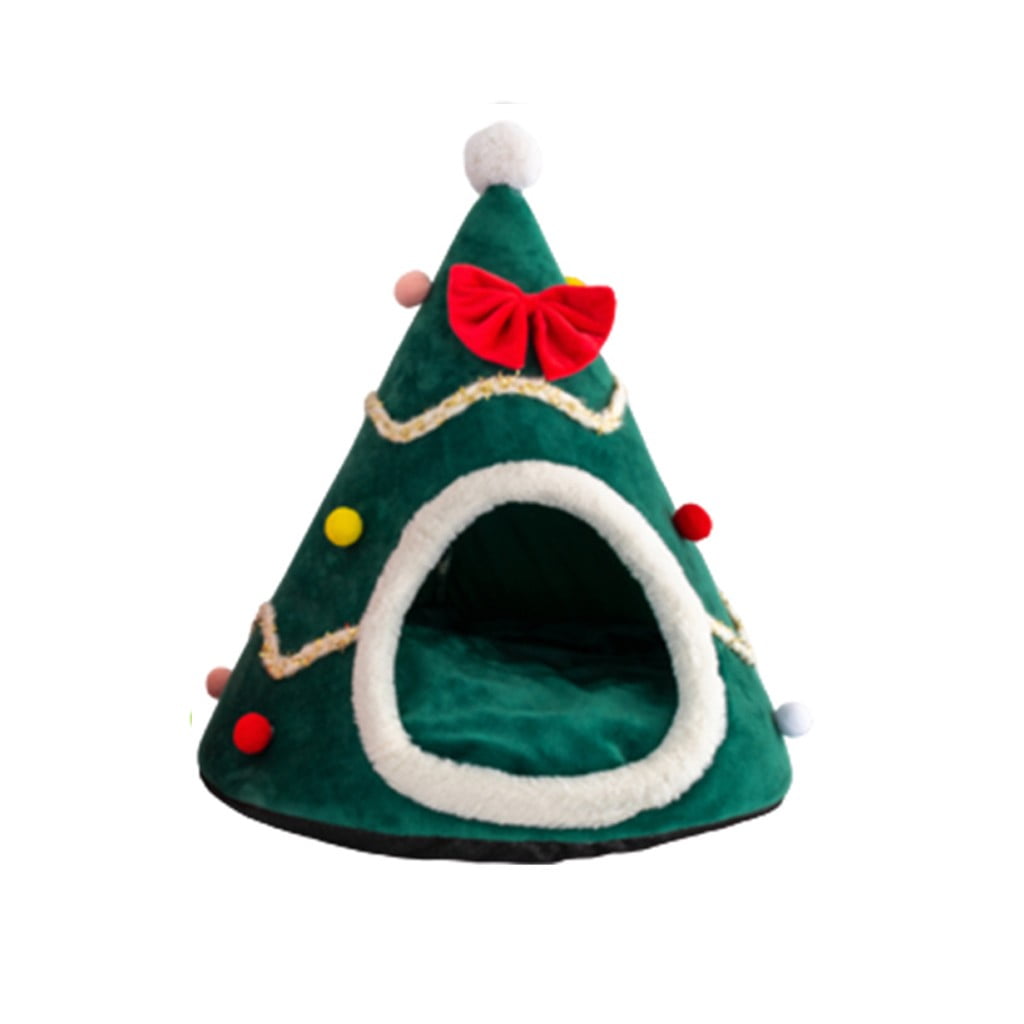 Summercome Christmas Tree Dog House, Cozy Dog Cave Pet Sleeping Bed Puppy Tent with Removable Cushion, Pets Bed for Large Dogs Cats Xmas Decoration, (Green, L Size 21.65in)
