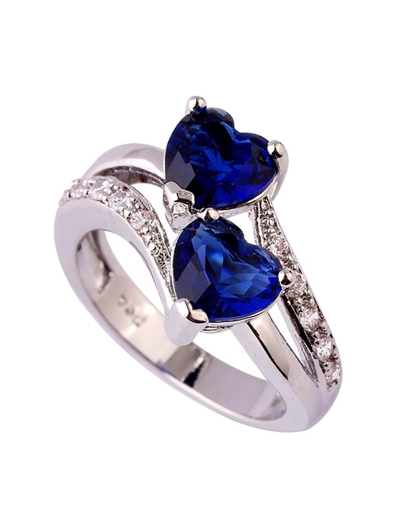 Summercome Cubic Zirconia Cut Bridal Ring, Silver Promise Ring, Double Heart Engagement Rings, Gifts for Her Double Heart Birthstones Ring Jewelry, Size 6-12, Dark Blue