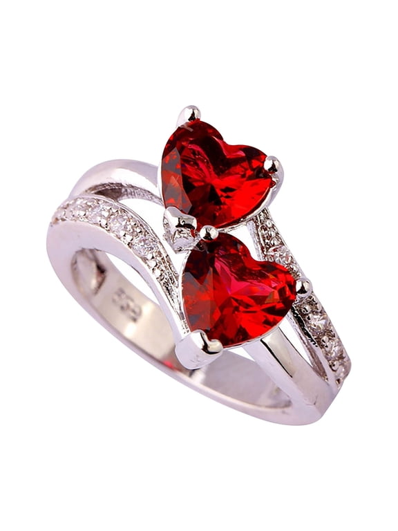 Summercome Cubic Zirconia Cut Bridal Ring, Silver Promise Ring, Double Heart Engagement Rings, Gifts for Her Double Heart Birthstones Ring Jewelry, Size 6-12, Red