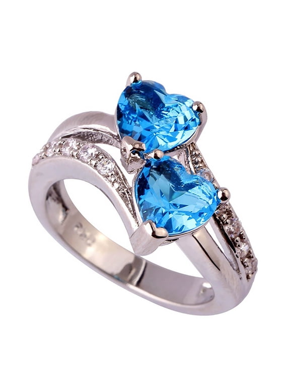 Cubic Zirconia Cut Bridal Ring, Silver Promise Ring, Double Heart Engagement Rings, Gifts for Her Double Heart Birthstones Ring Jewelry, Size 6-12, Sky Blue