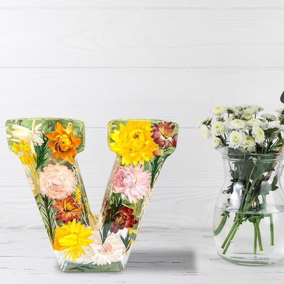 Summercome Dried Flower 26 Letters Resin Night Light, Pressed Flower Letters with LED Light for Mother Wife, Personalized Name Creative Letter Lamp Birthday Party Decor, Letter V
