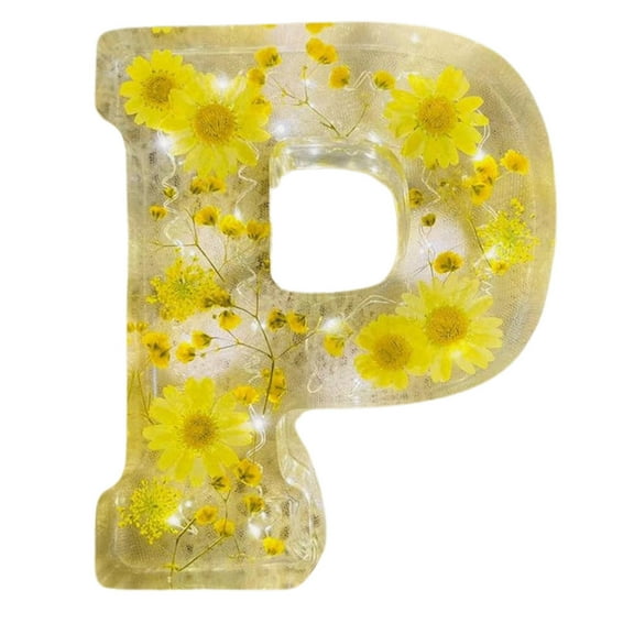 Summercome Dried Flower 26 Letters Resin Night Light, Pressed Flower Letters with LED Light for Mother Wife, Personalized Name Creative Letter Lamp Birthday Party Decor, Letter P