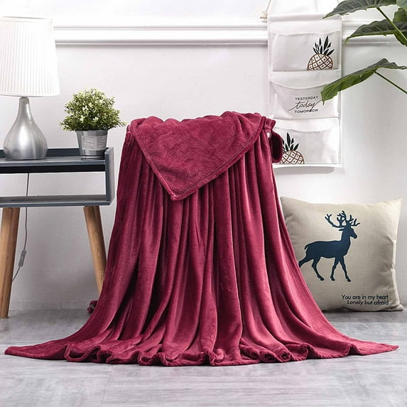 Summercome Flannel Fleece Living Coral Blanket Throw Size Luxury Microfiber Soft Throw, 21.6" x 29.5" Fluffy Solid Throw Blanket, Solid Color Super Soft Cozy Blanket for Sofa/Couch/Bed, Wine