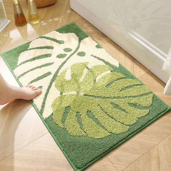 Summercome Green Leaf Bath Mat, Cute Plants Non Slip Bath Rugs, Soft Fluffy Microfiber Rug, Bathroom Floor Bathtub Decoration Carpet, Suitable for Indoor Barthroom Bathtub Decor, 16" x 23", D