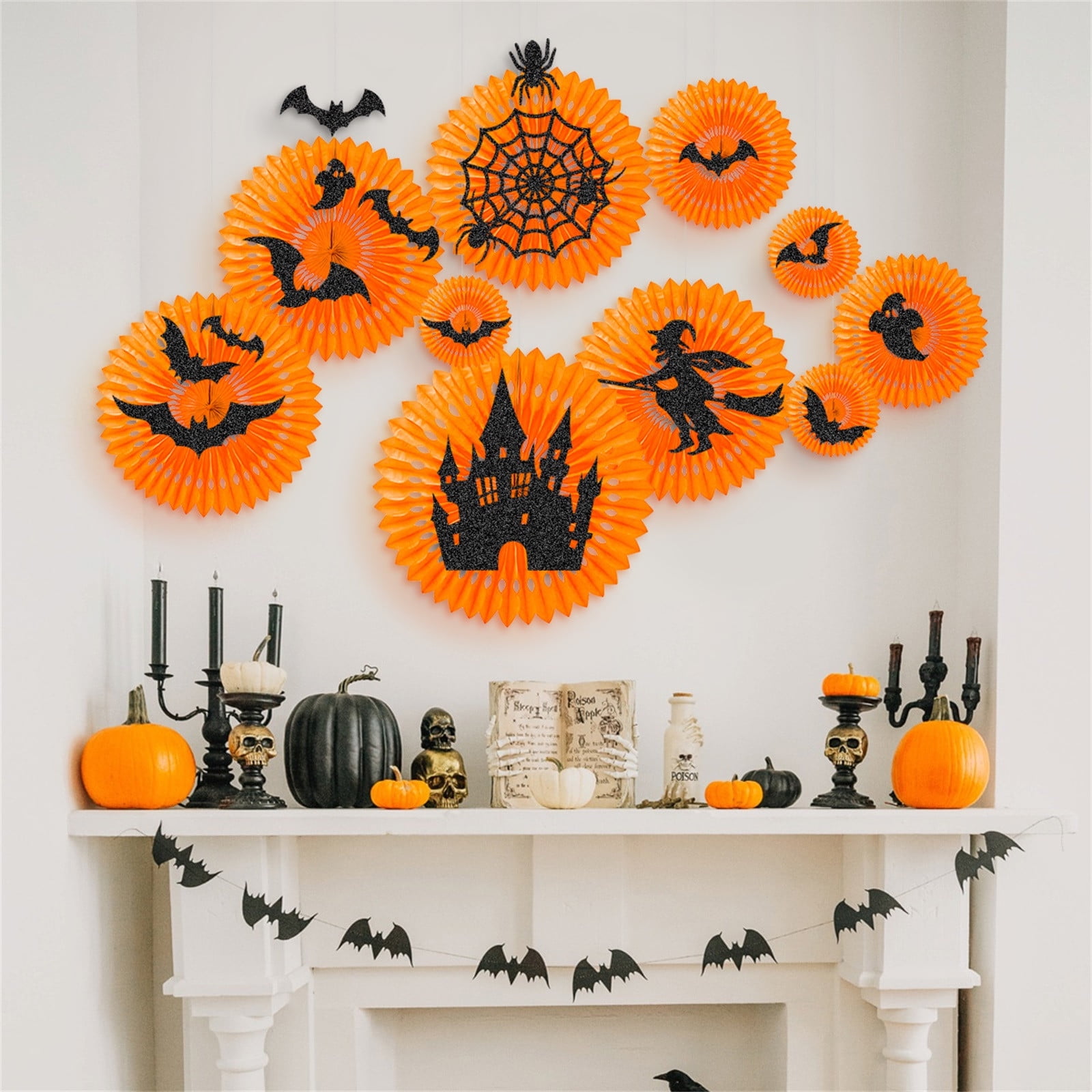 Summercome Halloween Paper Fans Flowers, 28 Pcs Orange Paper Fans Flowers, with Bat Spider Witch Ghost Castle, Hanging Halloween Party Decorations, Tissue Paper Fans, Ideal for Haunted House Decor