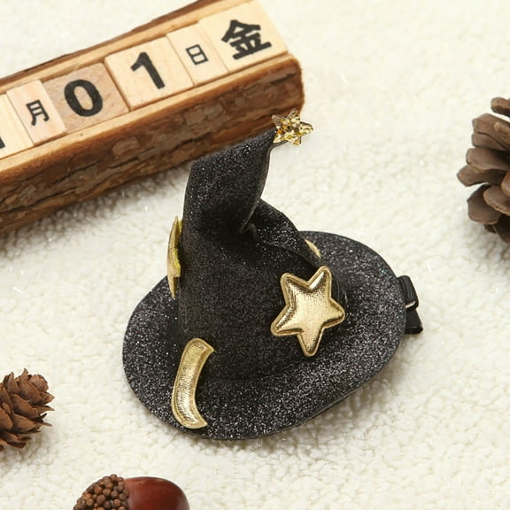 Summercome Halloween Witch Hat Hair Clip, Mini Top Hat hair Clip for Kids, Golden Star Moon Hat Hair Sparkling Barrette, Halloween Party Costume Supply Decoration, Halloween Hair Accessories, Black