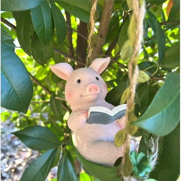 YardVibe Pig Statue Garden Outdoor,Swing Garden Hanging Pig Resin Home Decor,Charmingly Naive Pig Decoration Garden Decor for Patio Yard Lawn Fence Pathway Backyard