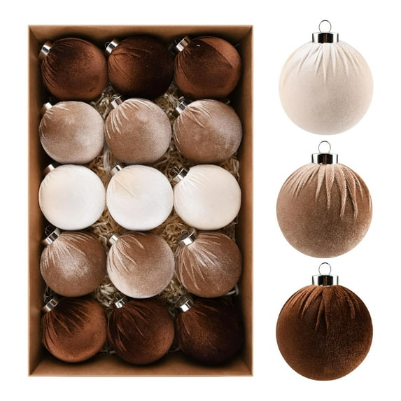 Summercome Velvet Christmas Ornaments Balls for Tree - 15pcs Shatterproof Christmas Ornaments for Xmas Decorations - Multicolor Brown Neutral Beige, 80mm 3.15inch