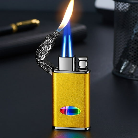 Summercome Windproof Lighter, Vintage Watch Bezel Jet Flame Torch, Alligator Shape Lighter with Triple Flame, Creative Flameless Lighters, Crocodile Double Fire Lighter, Lighter Gifts for Men, Gold