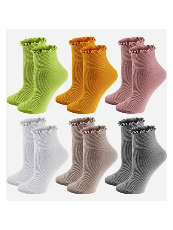 Summercome Women's Ruffle Socks, Casual Cute Ankle Socks, Breathable Double Knit Cotton, Soft Frilly Crew Socks for Women, 6 Pack Pure Color, Size 5-9