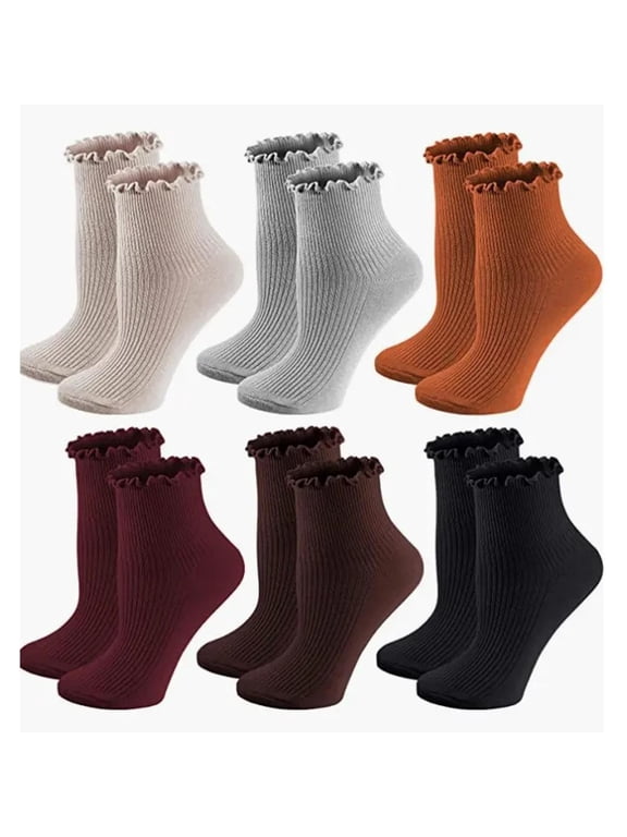 Summercome Women's Ruffle Socks, Casual Cute Ankle Socks, Breathable Double Knit Cotton, Soft Frilly Crew Socks for Women, 6 Pack Pure Color, Size 5-9