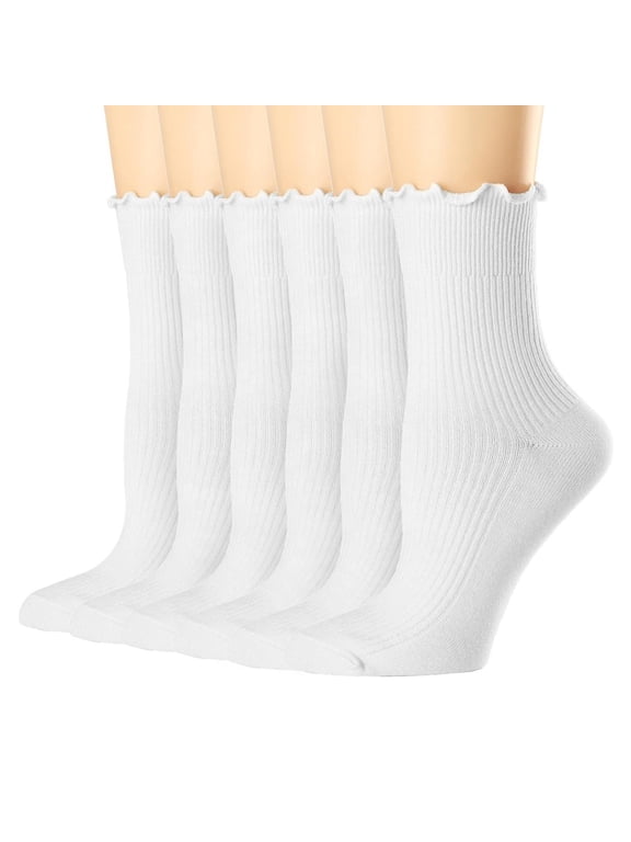 Summercome Women's Ruffle Socks, Casual Cute Ankle Socks, Breathable Double Knit Cotton, Soft Frilly Crew Socks for Women, 6 Pack Pure Color, Size 5-9
