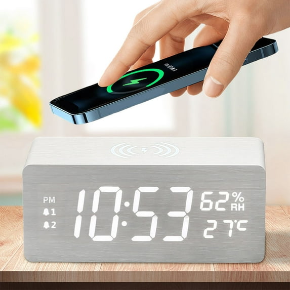 Summercome Wooden Digital Alarm Clock with Wireless Charging for Bedroom, Bedside Nightstand Clock with Charger Station, USB Port, Large Numbers, Adjustable Volume, Brightness Dimmer