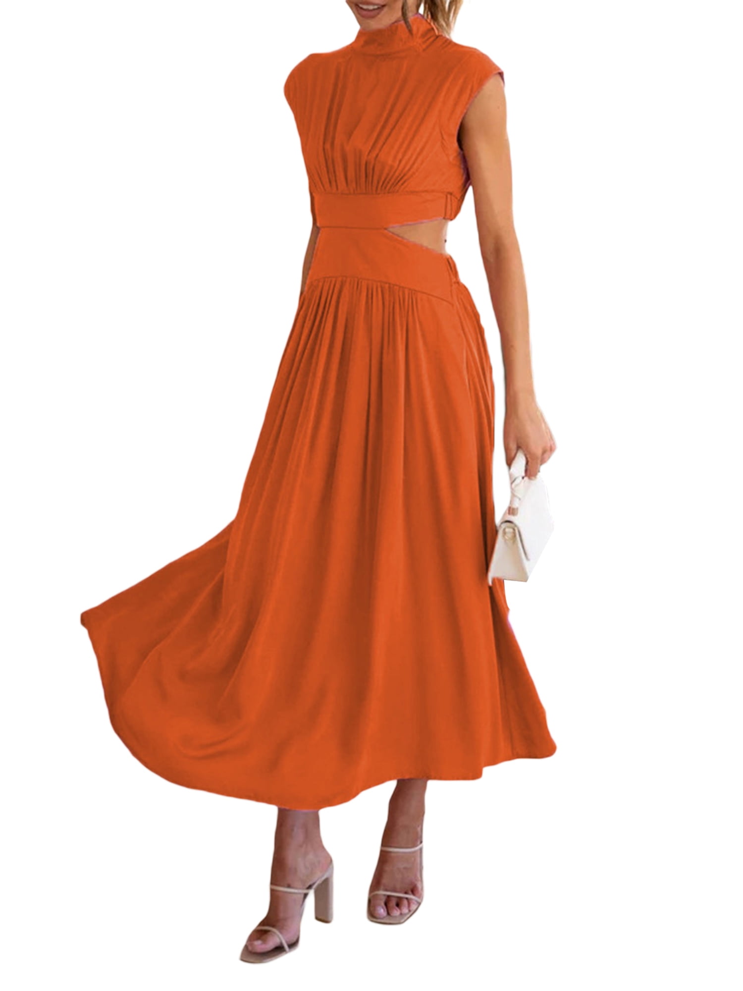Pleated Mock Neck Long Sleeve Maxi Dress