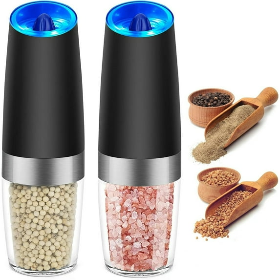 AYMZ 2 Pack Gravity Electric Pepper and Salt Grinder Set, Adjustable Coarseness, Battery Powered with LED Light, One Hand Automatic Operation