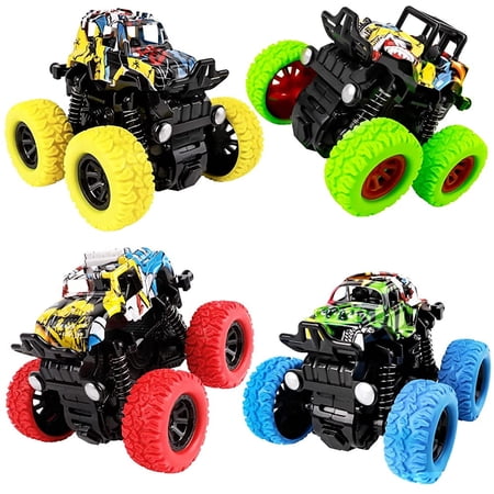 AYMZ 4-Pack Monster Trucks for Toddlers, Friction Powered Double-Direction Inertia Pull-Back Vehicles