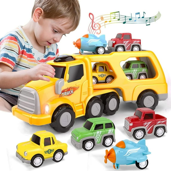 AYMZ Trucks Toys for Boys 3-6 Years Old, Cartoon Transport Trucks 5-in-1 Friction Power Toy Vehicle, Car Trucks Toys with Light Sound, Car Toy for Kids 3 5+