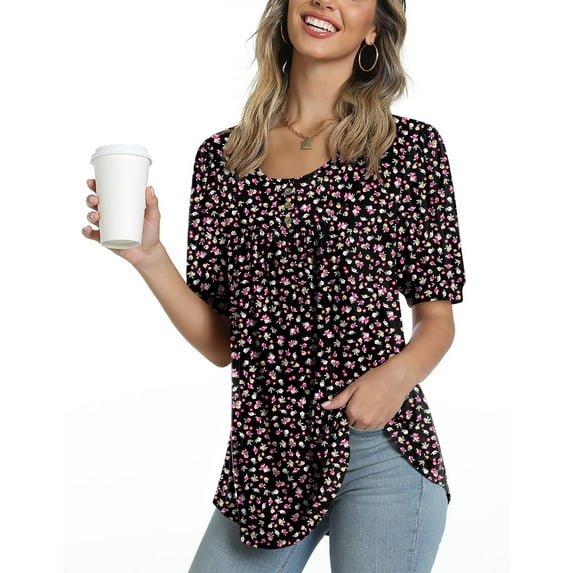 AYOLLA 2023 Spring-Summer Women's Round Neck Puff Short Sleeve Pleated Fashion T-Shirts loose fit Tops Casual Tunic Blouse for leggings L,Floral-black