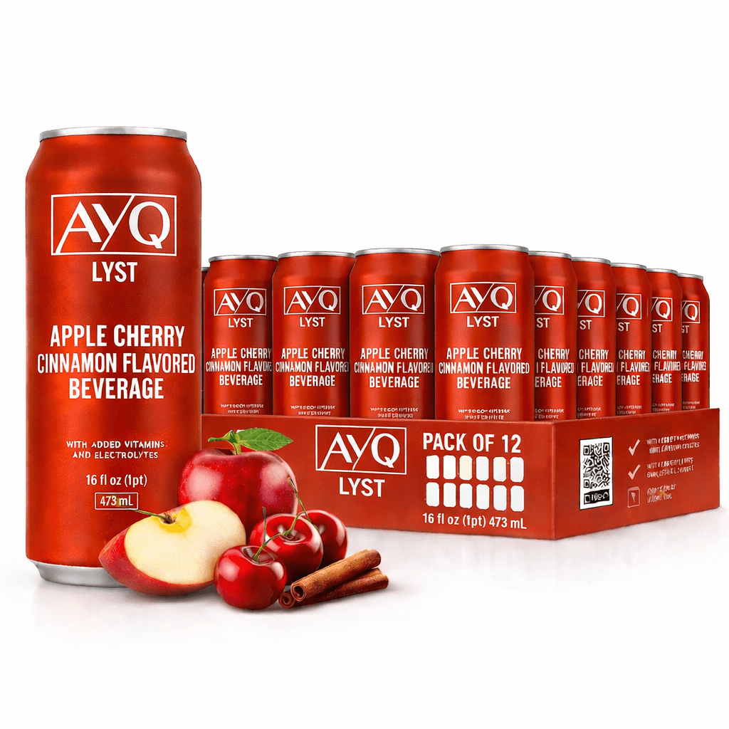 AYQ Beverages Apple Cherry Cinnamon Drink, Flavoured Fruit Beverage for Hydration, Added Vitamins with BCAA, Electrolytes, Vegetarian & Gluten Free, Ready to Drink, 473 mL Cans, 12-Pack