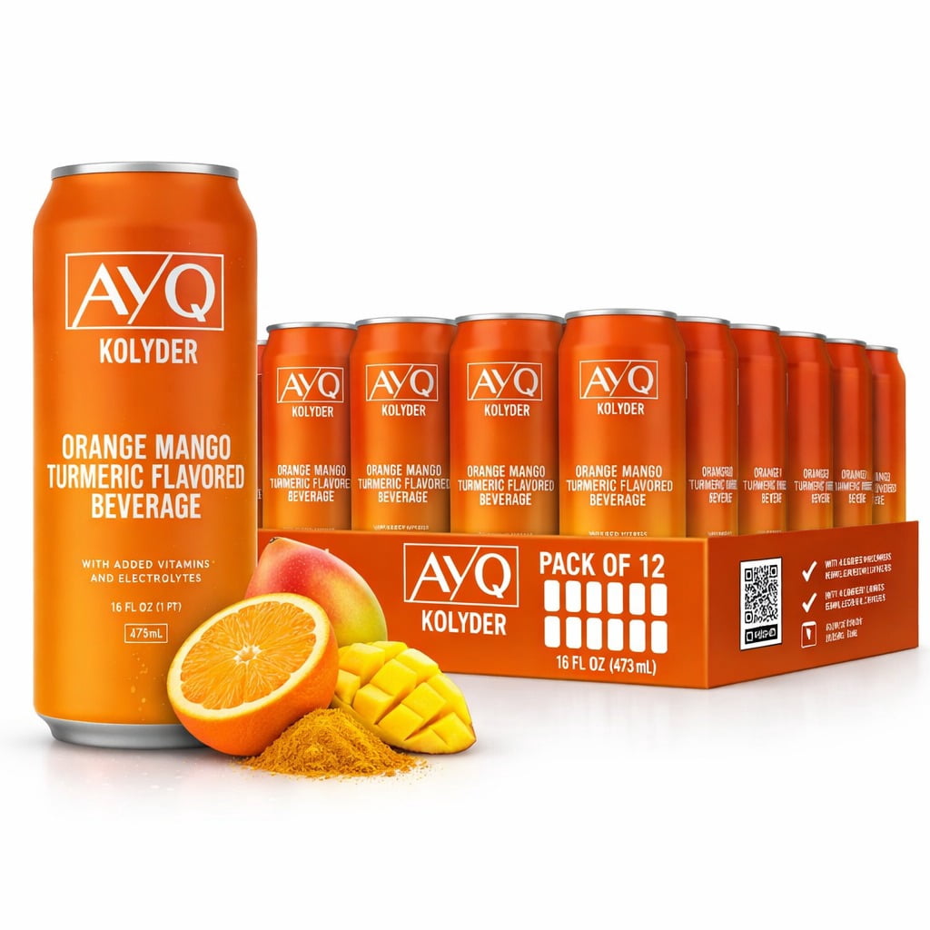 AYQ Beverages Orange Mango Turmeric Drink, Flavored Fruit Beverage for Hydration, Added Vitamins with BCAA, Electrolytes, Vegetarian & Gluten Free, Ready to Drink, 473  mL Cans, 12-Pack