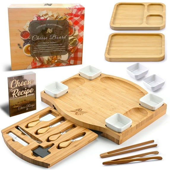 AYTITI Charcuterie Board & Knife Set - Bamboo Cheese Platter - Round Fruit Tray - Housewarming, Anniversary & Wedding Gift - Bridal Shower - 18 Pcs