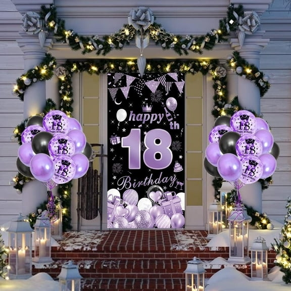 AYUQI 18th Birthday Decorations for Boys Girls Purple, Happy 18th Birthday Backdrop Banner Black Purple Balloons, Purple Black 18th Birthday Party Supplies for Him Her 18 Year Old Birthday
