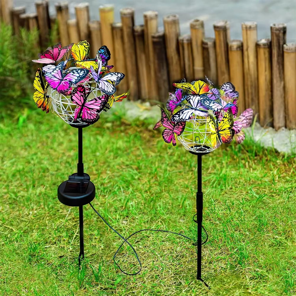 Multicolor Metal Solar Powered Butterfly Garden Stake Lights, 2 Pack