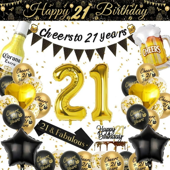 AYUQI 21st Birthday Decorations for Him, 21st Happy Birthday Decoration Kit with Cheer Banner, Number 21 Foil Balloon, 21st Black Gold Balloons Beer Mug Foil Balloons for Party Supplies Girls Men