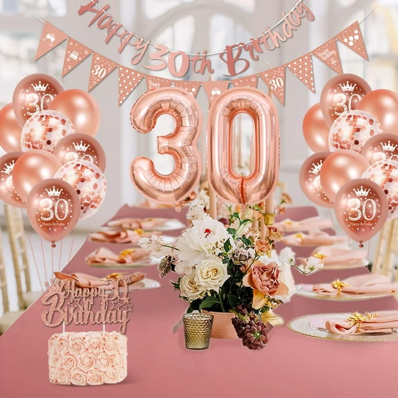 AYUQI 30th Birthday Decorations for Women, Rose Gold 30th Happy Birthday Banner with Balloons, 30th Birthday Sash Lady 30 Years Old Birthday Thirty Birthday Decor Supplies