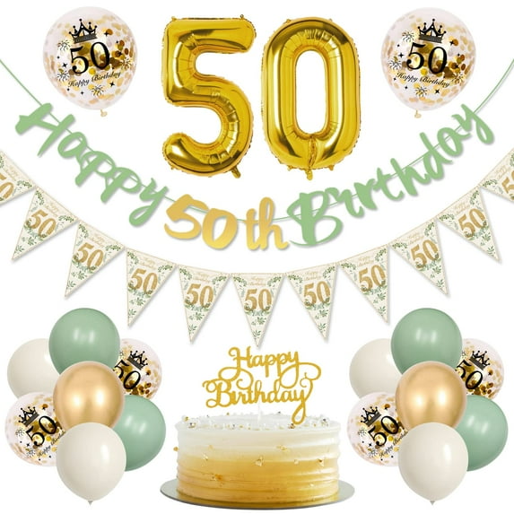 AYUQI 50th Birthday Decoration Kit, Sage Green Gold Theme Happy 50th Birthday Banner Bunting with Confetti Latex Balloons and Number 50 Foil Balloon for Women Men 50 Years Old Birthday Party Supplies