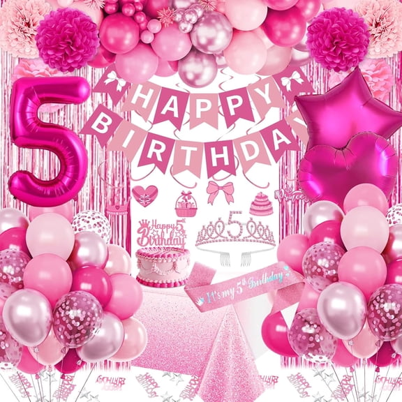 AYUQI 5th Birthday Decorations for Girls, Hot Pink Party Decorations, Happy Birthday Banner, 5 Year Old Girl Bday Decor