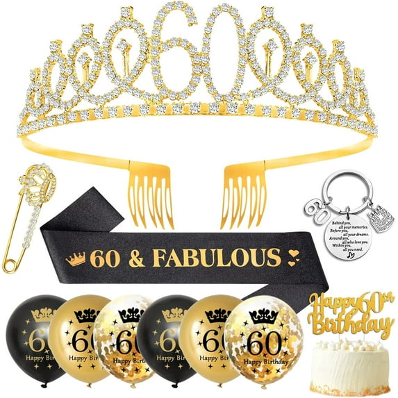 AYUQI 60th Birthday Decorations, 60th Birthday Gifts for Women, 60th Birthday Sash, Gold Birthday Crown, Balloons, Cake Topper, Keyring
