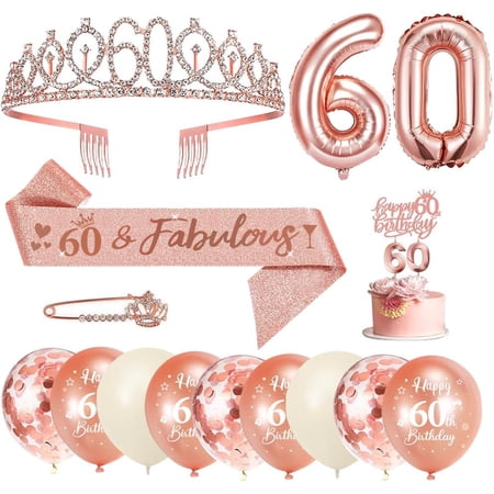 AYUQI 60th Birthday Decorations Party Set for Women Birthday Gifts, 60 & Fabulous Sash and Tiara, 60th Birthday Candles and Cake Topper, Rose Gold 60th Balloons, Rhinestone Brooch, Number 60 Balloon