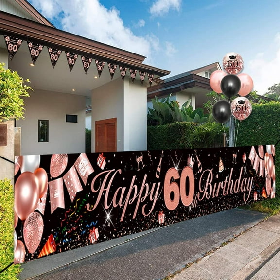 AYUQI 60th Birthday Decorations for Women, Black Rose Gold Happy 60th Birthday Banner with Balloons, Lady 60 Years Old Birthday Backdrop Yard Signs Sixty Birthday Decor Supplies